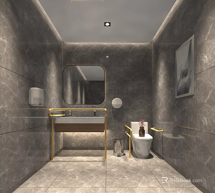 Modern Bathroom Interior With Gray Marble Walls Gold Framed Vanity Round Mirror And Toilet 3d model 