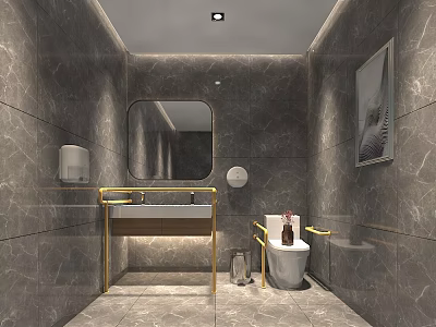 Modern Bathroom Interior With Gray Marble Walls Gold Framed Vanity Round Mirror And Toilet 3d model