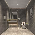 Modern Bathroom Interior With Gray Marble Walls Gold Framed Vanity Round Mirror And Toilet