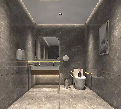 Modern Bathroom Interior With Gray Marble Walls Gold Framed Vanity Round Mirror And Toilet 3d model