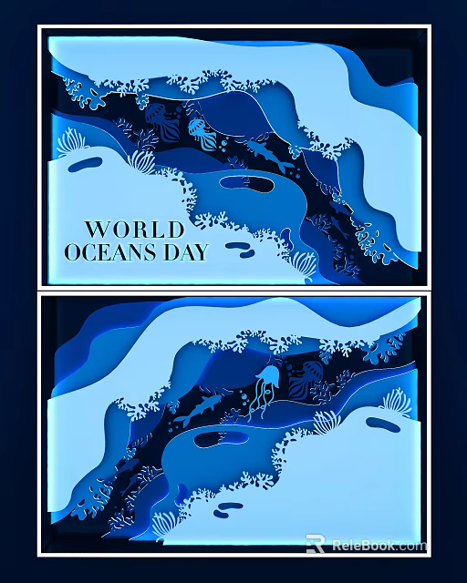 World Oceans Day Themed Window Display Featuring Blue Waves Marine Life and Paper Art Decor 3d model 