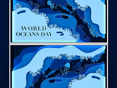 World Oceans Day Themed Window Display Featuring Blue Waves Marine Life and Paper Art Decor 3d model