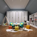 Basement Interior Design with Built in Bookshelves Cozy Chairs Fur Rug and Herringbone Floor