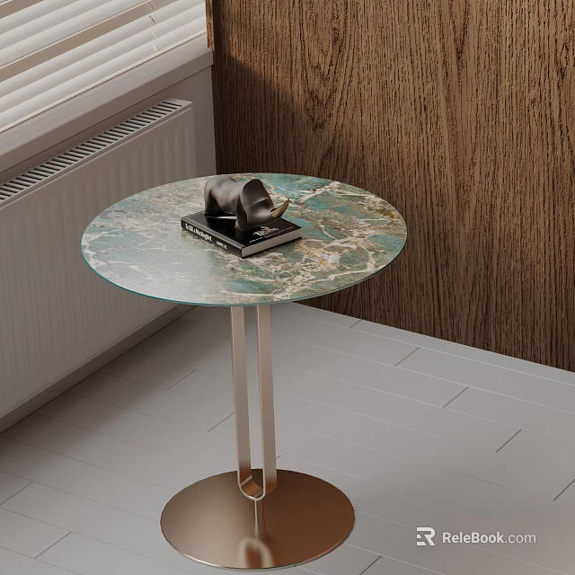 Round Green Marble Top Side Table With Silver Metal Base And Decorative Books 3d model 