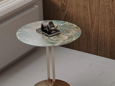 Round Green Marble Top Side Table With Silver Metal Base And Decorative Books 3d model
