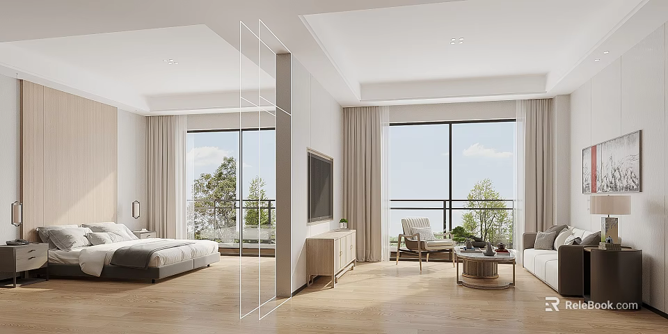 Modern Bedroom With Large Windows Trees Outside Bed TV Cabinet Sofa And Wooden Floor 3d model 