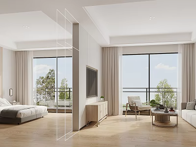 Modern Bedroom With Large Windows Trees Outside Bed TV Cabinet Sofa And Wooden Floor 3d model