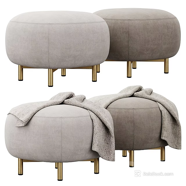 Gray Upholstered Ottomans with Gold Legs and Soft Draped Blankets for Living Room 3d model 