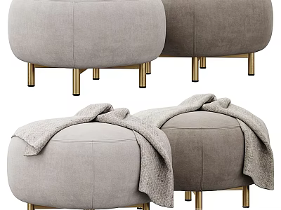 Gray Upholstered Ottomans with Gold Legs and Soft Draped Blankets for Living Room 3d model