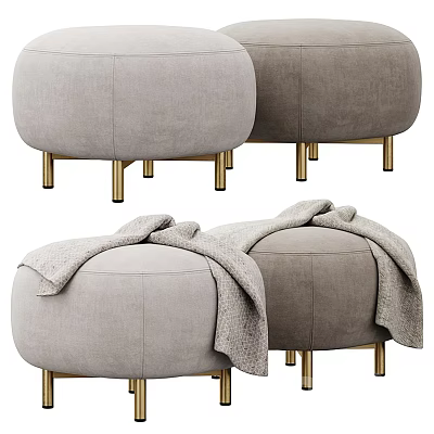 Gray Upholstered Ottomans with Gold Legs and Soft Draped Blankets for Living Room 3d model