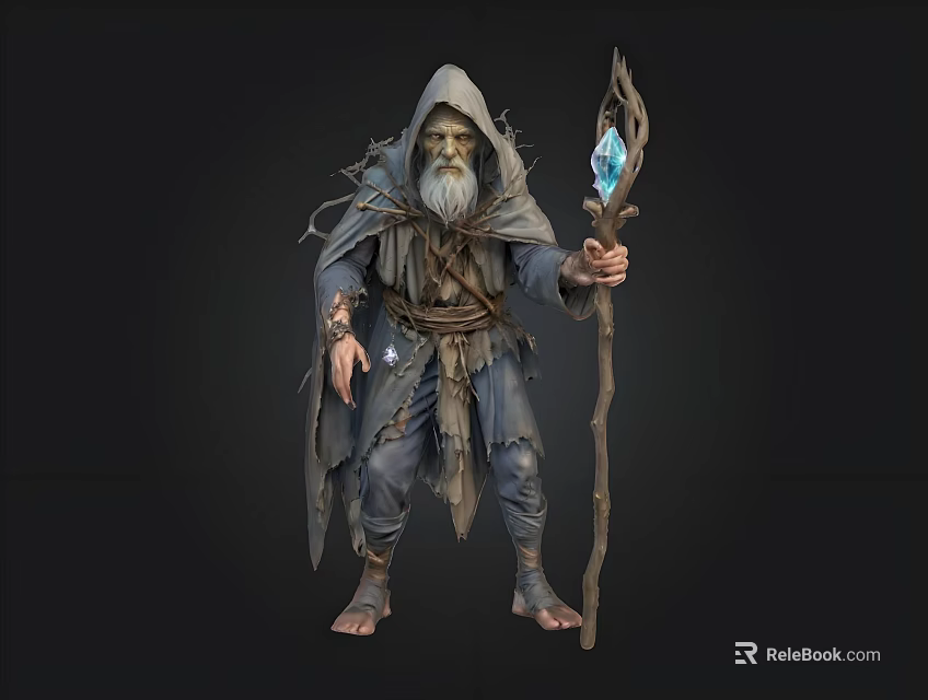 Old Hooded Wizard In Tattered Robe Holding Mystical Staff With Blue Crystal 3d model 