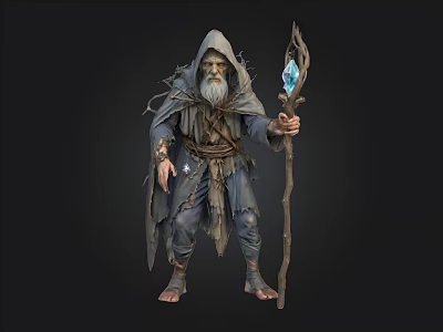 Old Hooded Wizard In Tattered Robe Holding Mystical Staff With Blue Crystal 3d model