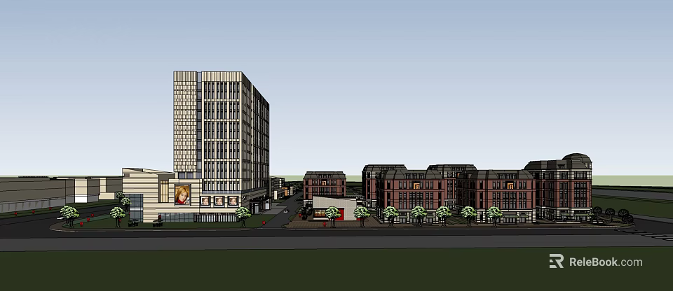 Modern High Rise Building With Red Brick Low Rise Structures Along Tree Lined Street 3d model