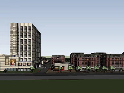 Modern High Rise Building With Red Brick Low Rise Structures Along Tree Lined Street 3d model