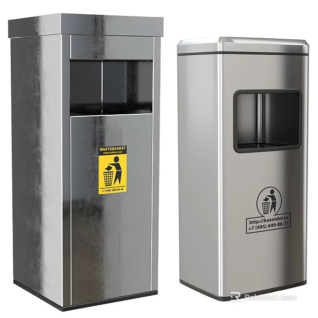 Stainless Steel Public Trash Bins With Warning And Litter Disposal Signs 3d model 