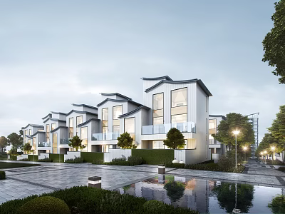Modern Detached Villa Exterior Design With Courtyard Green Plants Pond And Street Lamps 3d model
