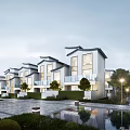 Modern Detached Villa Exterior Design With Courtyard Green Plants Pond And Street Lamps