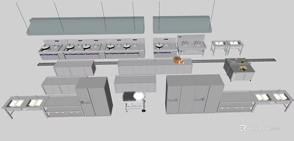 Professional Commercial Kitchen With Stainless Steel Appliances Stovetops Cabinets And Worktables 3d model 