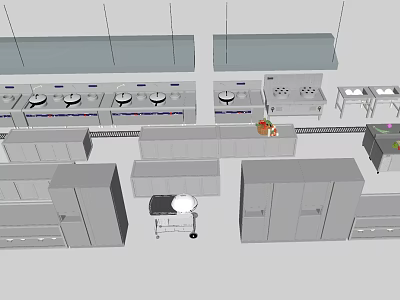Professional Commercial Kitchen With Stainless Steel Appliances Stovetops Cabinets And Worktables 3d model