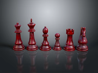 Red Chess Pieces Polished Wooden Set On Black Reflective Surface 3d model