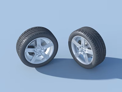 Two Car Tires with Silver Alloy Rims and Detailed Tread Design on Light Blue Background 3d model