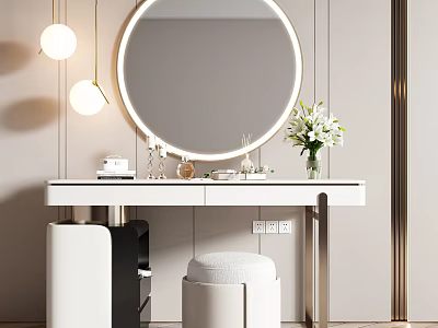 Modern Dressing Table With Round Mirror Double Pendant Lights And White Flower Bouquet 3d model