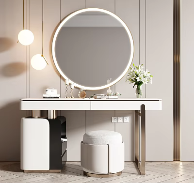 Modern Dressing Table With Round Mirror Double Pendant Lights And White Flower Bouquet 3d model