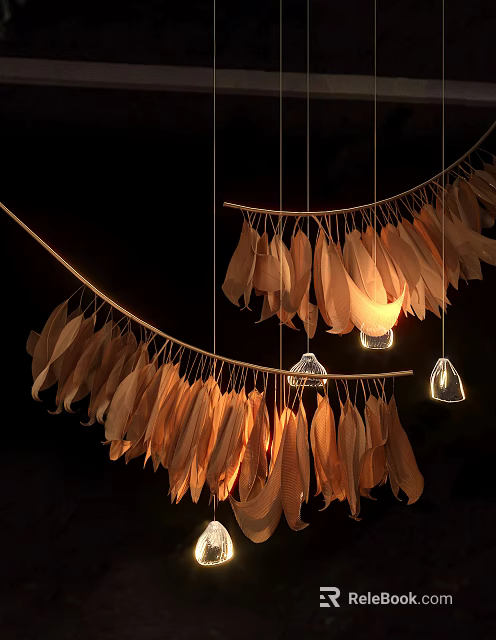 Artistic Natural Feather Chandelier With Warm Hanging Light Design Elements 3d model 
