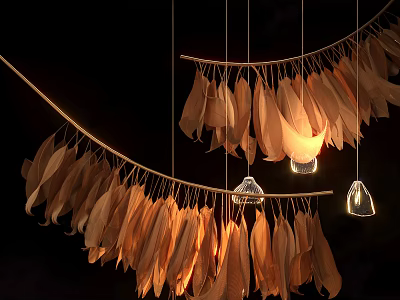 Artistic Natural Feather Chandelier With Warm Hanging Light Design Elements 3d model