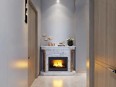 Modern Interior Hallway With Marble Fireplace Wooden Cabinets And Decor Items Lit Fire 3d model