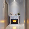 Modern Interior Hallway With Marble Fireplace Wooden Cabinets And Decor Items Lit Fire