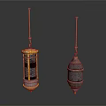 Two Decorative Hanging Lanterns Featuring Golden Accents And Mesh Patterns