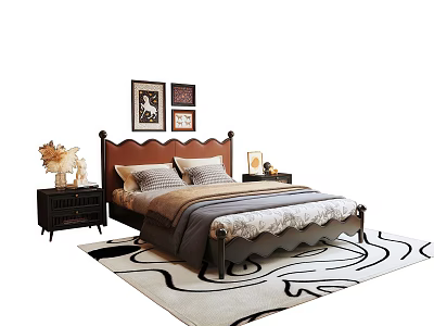 Stylish Double Bed With Framed Artworks Nightstands Vase Table Lamp And Soft Rug 3d model