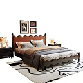 Stylish Double Bed With Framed Artworks Nightstands Vase Table Lamp And Soft Rug