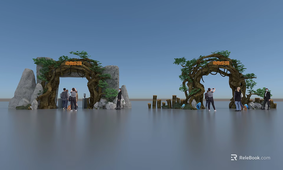 Tree Vine Decorated Entrance Gate With Stone Elements And People Standing 3d model 