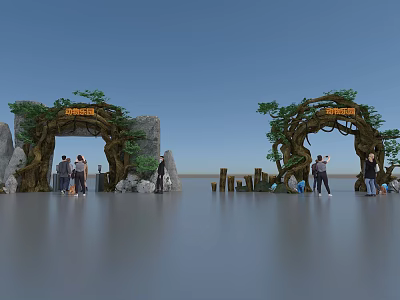 Tree Vine Decorated Entrance Gate With Stone Elements And People Standing 3d model