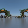 Tree Vine Decorated Entrance Gate With Stone Elements And People Standing 3d model