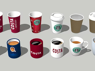 COSTA and Starbucks Coffee Cups Including Paper Cups and Mugs with Lids 3d model