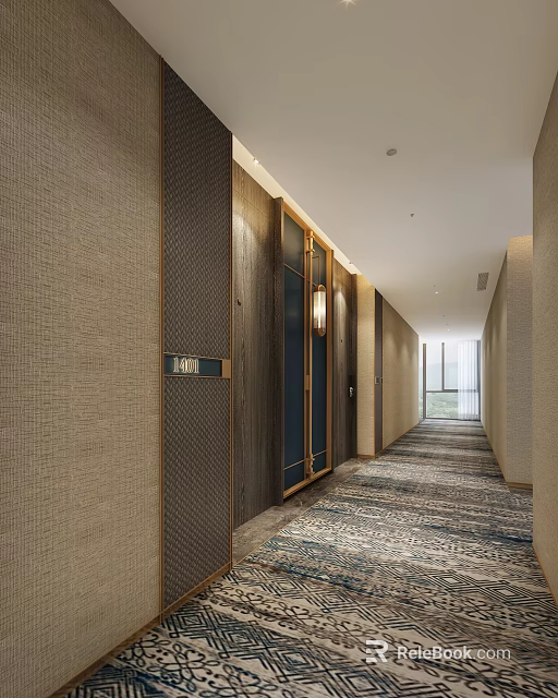 Modern Hotel Corridor With Patterned Carpet Textured Walls And Ceiling Lights 3d model