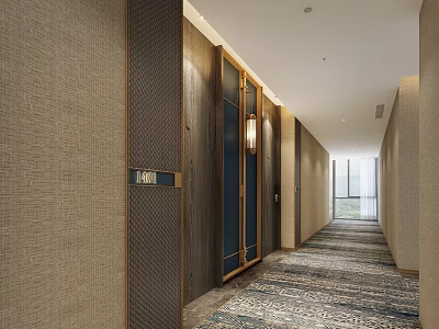 Modern Hotel Corridor With Patterned Carpet Textured Walls And Ceiling Lights 3d model