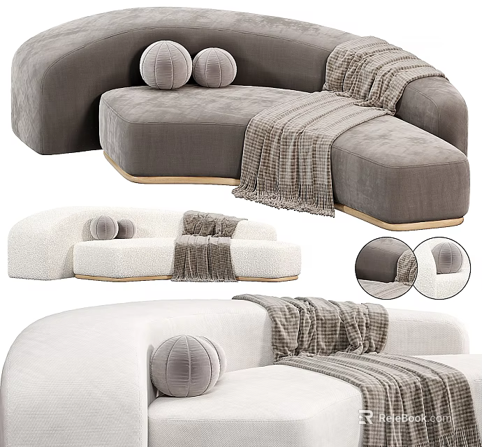 Modern Sectional Sofa in Gray and White with Soft Fabric Decorative Pillows and Plaid Blanket 3d model 