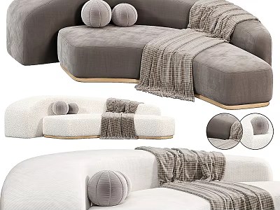Modern Sectional Sofa in Gray and White with Soft Fabric Decorative Pillows and Plaid Blanket 3d model