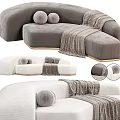 Modern Sectional Sofa in Gray and White with Soft Fabric Decorative Pillows and Plaid Blanket