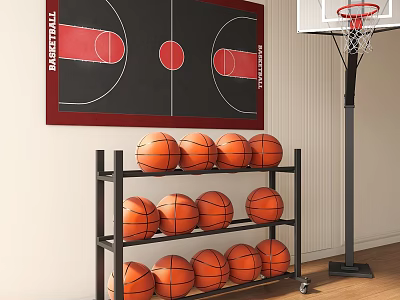 Basketball Court Interior Featuring Hoop Shelf Stacked Basketballs And Wall Mounted Diagram 3d model