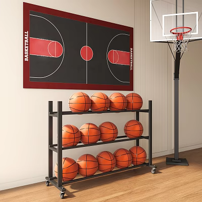 Basketball Court Interior Featuring Hoop Shelf Stacked Basketballs And Wall Mounted Diagram 3d model