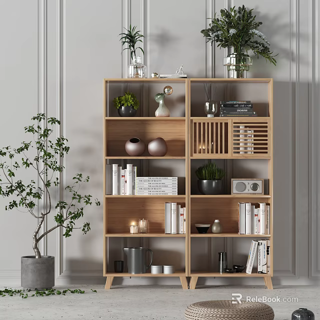 Modern Wooden Shelving Unit With Books Green Plants Decorative Vases And Ornaments In Home Interior 3d model 