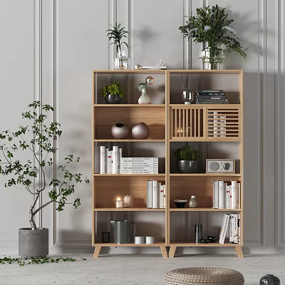 Modern Wooden Shelving Unit With Books Green Plants Decorative Vases And Ornaments In Home Interior 3d model