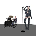 Woman at Microphone in Black Leather Jacket Shorts Over Knee Boots with Drummer Drum Set