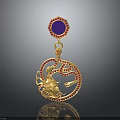 Golden Pendant Earrings With Purple Gemstone Red Accents And Intricate Carved Design