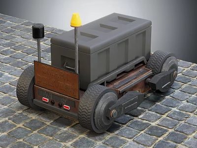 Small Toy Transport Vehicle With Gray Container Brown Body And Black Wheels On Cobblestone Surface 3d model